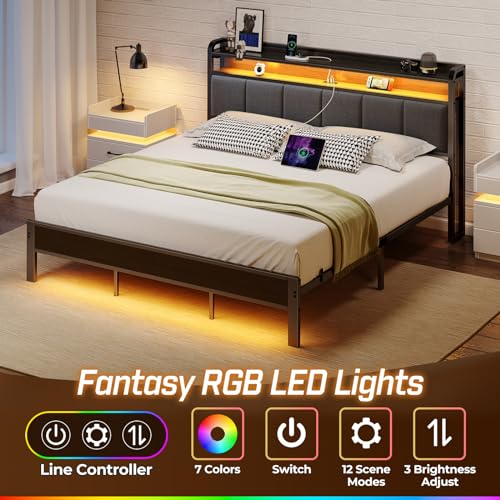 Rolanstar Bed Frame King Size with Charging Station and LED Lights Upholstered Headboard with Storage Shelves Heavy Duty Metal Slats No Box Spring Needed Noise Free Easy Assembly Dark Grey