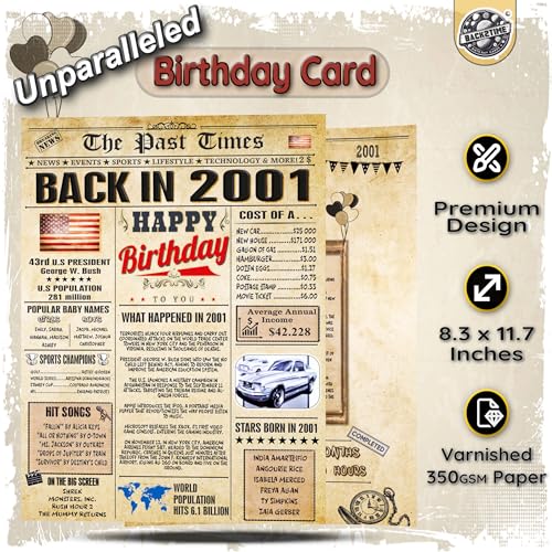23rd Birthday Card for Women Men - Back In 2001 Newspaper - 23rd Happy BIRTHDAY card - 23rd birthday gift for Her Him - JUMBO A4 size - 23rd birthday decorations - Best gifts for 23 year old man woman