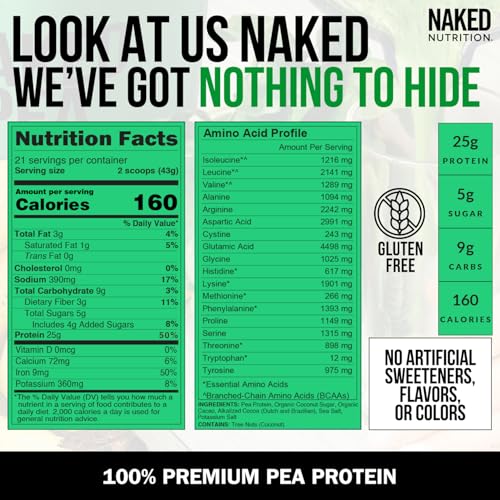 Naked Pea - Double Chocolate Protein from US & Canadian Farms Organic Cocoa Organic Coconut Sugar - No GMO No Soy and Gluten Free Aid Growth and Recovery - 21 Servings