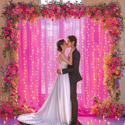 10x10ft Hot Pink Tulle Backdrop Curtain with Lights String for Parites Sheer Backdrop Curtains for Wedding Baby Shower Birthday Party Photo Shoot Decorations