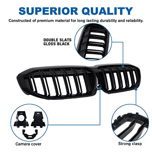 BILLDIO Front Kidney Grille Glossy Black Grill Compatible with BMW 3 Series G20 2019 2020 2021 2022 316i 318i 320i 328i 330i 335i 340i Double Slats