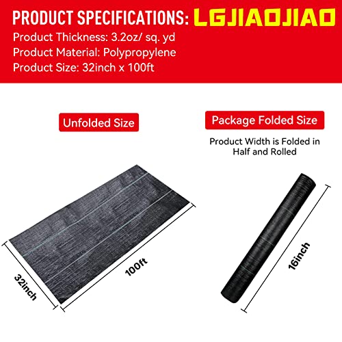 LGJIAOJIAO 32inchx100ft Weed Barrier Landscape Fabric Heavy Duty Weed Block Gardening Ground Cover Mat Weed Control Garden Cloth Woven Geotextile Fabric for Underlayment Commercial Driveway Fabric