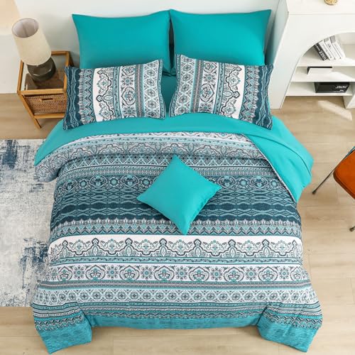 Boho Queen Comforter Set 8 Pieces Teal Comforter Bohemian Striped Bed in A Bag Soft Microfiber Bedding Set for All Seasons