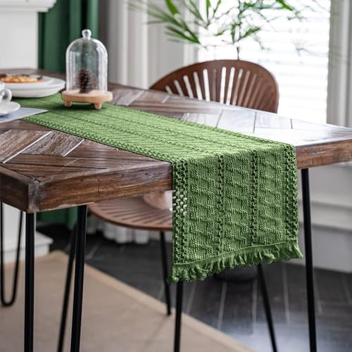Alynsehom Macrame Table Runner Green Boho Table Runner with Tassels Hand Woven Cotton Table Runner Rustic Farmhouse Table Runner for Bohemian Kitchen Dining Table(12x108in)