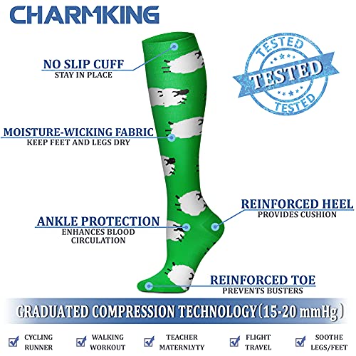 CHARMKING Compression Socks for Women & Men (8 Pairs) 15-20 mmHg Graduated Copper Support Socks are Best for Pregnant Nurses - Boost Performance Circulation Knee High & Wide Calf (L/XL Multi 22)