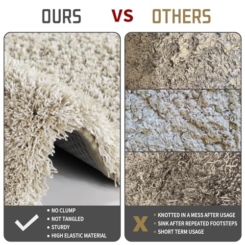 Yimobra Fluffy Plush Bath Rug Shaggy Soft Comfortable Non Slip Water Absorbent Microfiber Bath Mat Dry Quick Machine Washable Thick Bathroom Floor Rugs for Shower 44\"x 24\" Beige and White