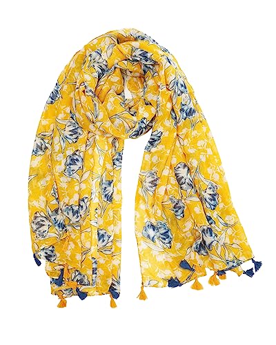 YOUR SMILE Large Boho Scarf for Women Lightweight Floral Printed Scarves Fall Winter Fashion Fringed Shawl wraps (05 Yellow Blue Flower)