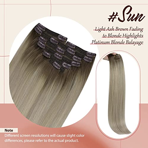 Sunny Hair Clip in Hair Extensions Straight Human Hair Clip in Extensions Remy Clip in Hair Extensions Real Human Hair Extensions Clip ins Ash Blonde Ombre Platinum Blonde Low Highlights 22inch