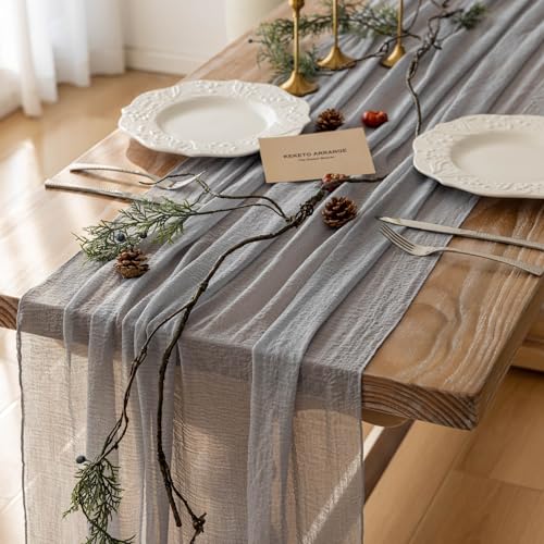 Keketo 6pcs Dusty Blue Gauze Rustic Cheesecloth Table Runner 120 Inch 10 FT for Wedding Baby Shower Bridal Shower Birthday Engagement Garden Outdoor Party Long Sheer Boho Decorations