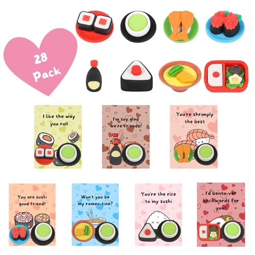 NUJOVI 28-Pack Premium Valentine's Day Gifts for Kids with Sushi Erasers - Ideal for Valentines Day Cards for Kids School Kids Valentines Day Cards Valentines Day Gifts for Kids Classroom