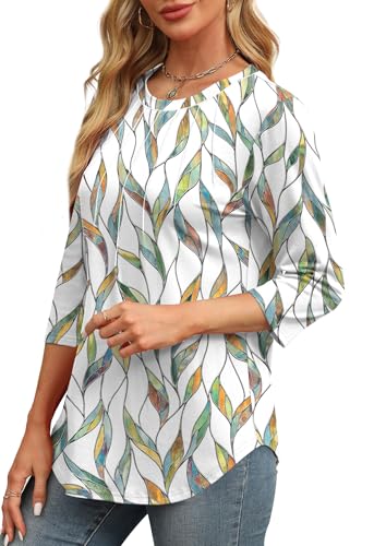 XIEERDUO 3/4 Length Sleeve Womens Tops 2024 Fashion Pleated Tunic Tops for Women Loose Fit Dressy White Print XXL