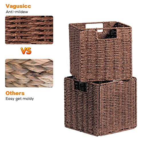 Vagusicc Wicker Storage Baskets Set of 2 Hand-Woven Storage Baskets for Shelves with Handles Foldable Cube Storage Baskets Bins Organizer 13 inch Large Wicker Baskets for Pantry Bedroom Decor Brown