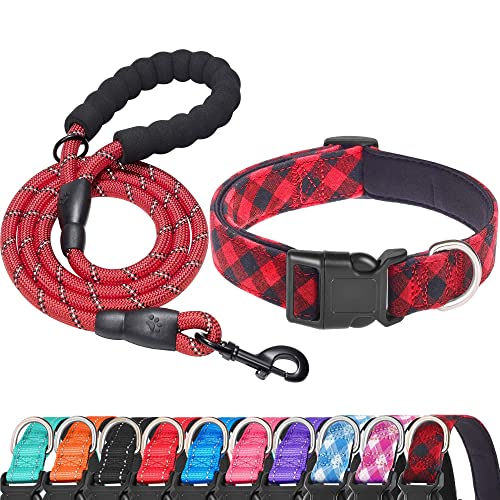 Ladoogo Reflective Dog Collar Padded with Soft Neoprene Breathable Adjustable Nylon Dog Collars for Small Medium Large Dogs (Large (Pack of 1) Red Plaid Collar+Leash)