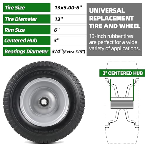 AR-PRO (2-Pack) 13x5.00-6 Flat Free Tire and Wheel Assemblies - Compatible for 13 x 5 x 6 Solid Rubbe Riding Lawn Mower Tires and Wheel - With 3\" Centered Hub and 3/4\" Bushings (Extra 5/8\" Bushings)