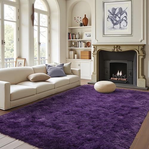 Soft Purple Rugs for Bedroom Living Room 3x5 Feet Modern Indoor Fuzzy Shaggy Area Rug Non-Slip Fluffy Furry Rug for Nursery Kids Room Dorm Room Home Decor High Pile Plush Floor Carpet
