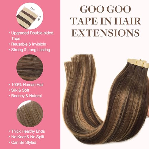GOO GOO 24inch Tape in Human Hair Extensions Balayage Chocolate Brown to Caramel Blonde Remy Tape in Balayage Natural Straight 20pcs 50g
