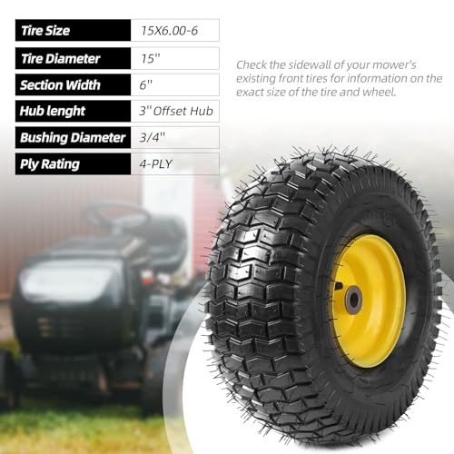AR-PRO (2 Pack) 15 x 6.00-6 Tire and Wheel - Replacement 4Ply Lawnmower Tires with Rim Assemblies with 3\" Offset Hub and 3/4\" Bushings - Compatible with John Deere Riding Mower Lawn Tractor (Yellow)