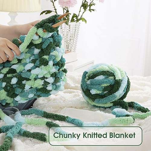 HOMBYS 12 Pack Giant Chunky Yarn for Crocheting Super Bulky Large Soft Fluffy Yarn Tie Dye Plush Fuzzy Yarn Mixed Color Thick Chenille Yarn for Hand Knitting/Arm Knitting (Mint Teal Green)