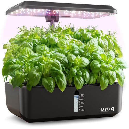 Hydroponics Growing System Indoor Garden: URUQ 12 Pods Gardening with LED Grow Light Height Adjustable Plants Germination Kit Quiet Smart Pump - Hydroponic Planter Fresh Harvest Black HP-GC201/GC202