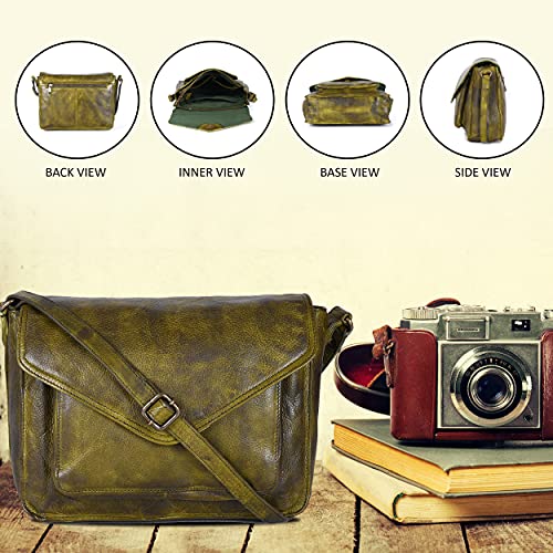 Leather Flapover Crossbody Handbag Purse for Women with Adjustable Strap & Overflap Snap Closure Tote/Bag (Green Wash)