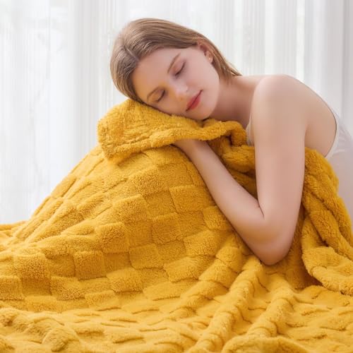 NEWCOSPLAY Super Soft Throw Blanket Mustard Yellow Premium Silky Flannel Fleece 3D Checkered Lightweight Bed Blanket All Season Use (Mustard Yellow Checkered Throw(50\"x70\"))
