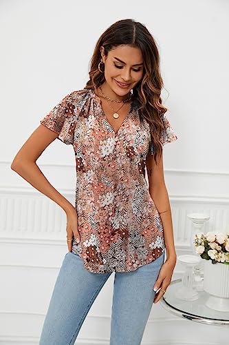 SimpleFun Floral Tops for Women Sexy V Neck Short Sleeve Loose Fitting Shirt to Hide Belly (S-Floral Khaki S)