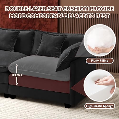 Ihanherry 146\" U-Shaped Modern Sofa Modular Sectional Cloud Couch with 2 Ottoman 6-Seat Chenille Deep Seat Sofa with 6 Pillows for Living Room Bedroom and Apartment Black
