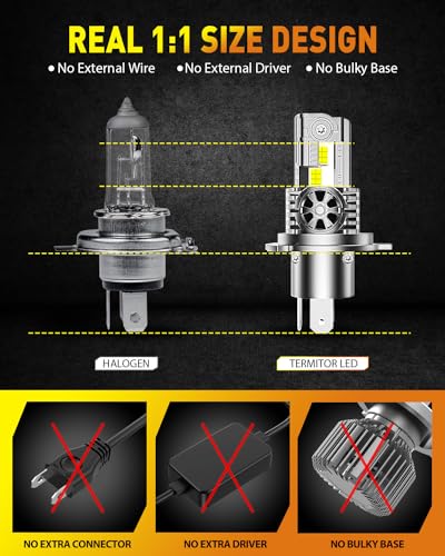 Termitor H4 Light Bulb Hi/Low Beam Motorcycle 1:1 Mini Size 600% Brighter 9003 Bulb 6500K Cool White H4 Fog Light with Cooling Fan Plug and Play Pack of 1