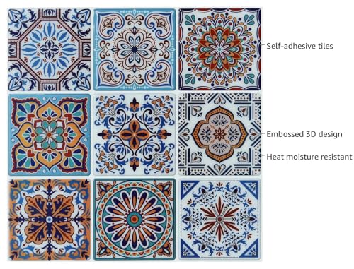 LONGKING Peel and Stick Backsplash Tile Stickers Colorful Talavera Mexican Tile Stick on Wall Tiles (10 Sheets)