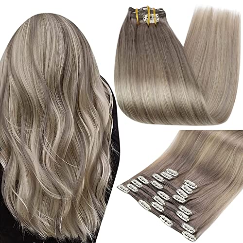 Full Shine Hair Clip in Ombre Grey Human Hair Extensions Full Head Color 19A Ash Blonde Fading to Color 60 Platinum Blonde Highlighted 19A Double Weft Clip in Human Hair for Women 18 Inch