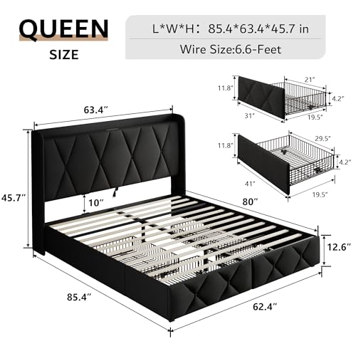 iPormis Queen Bed Frame with 4 Storage Drawers Upholstered Platform Bed Frame with Charging Station Modern Wingback Storage Headboard Easy Assembly Black