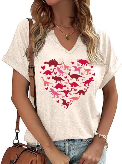 V-Neck Shirts for Women Cute Love Heart Graphic Valentine's Day T Shirts Casual Spring Tops Tee Blouse Gifts(VT24-beige22 Small)