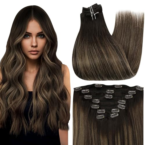 Full Shine 16 Inch Balayage Brown Clip in Hair Extensions 2 Fading to 8 Light Brown With 2 Darkest Brown Remy Hair Extensions Clip in Human Hair 7 Pcs Clip in Extensions Human Hair Clip ins