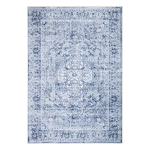 Bloom Rugs Washable Non-Slip 4' x 6' Rug - Beige/Blue Traditional Area Rug for Living Room Bedroom Dining Room and Kitchen - Exact Size: 4' x 6'