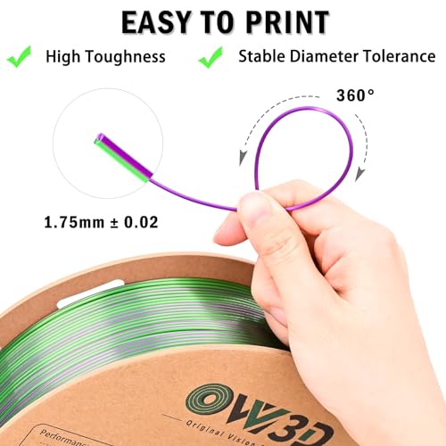 OVVNYXE OVV3D PLA Filament 1.75mm 3D Printer Filament Silk PLA Dual Color PLA Filament Purple Green PLA Filament Color Change Every Inch Filament 3D Printer Filament +/-0.02mm 1kg/2.2lb