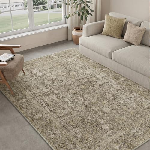 PureCozy Brown Area Rug 6x9 Indoor Vintage Living Room Carpet Washable Distressed Rug Floral Bedroom Rug Retro Accent Throw Rug for Office Dining Room Nursery