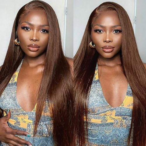 Btomar 13x6 Chocolate Brown Lace Front Wig Human Hair HD Transparent Straight Lace Front Wigs Human Hair Pre Plucked Brown Wig Human Hair Colored #4 Frontal Wigs Human Hair (30 Inch)