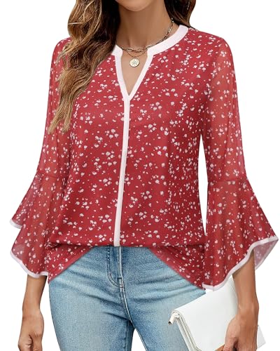 VALOLIA Woman Blouses and Tops Elegant Half Sleeve Shirt Women Flowy Red Polka Dot Tunic Tops for Women Loose Fit Dressy Work Casual 2024 Office Attire Clothes XX-Large