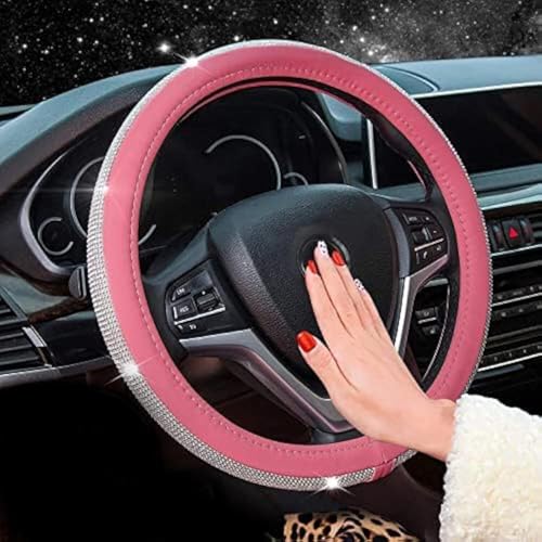 New Diamond Leather Steering Wheel Cover with Bling Bling Crystal Rhinestones Universal Fit 15 Inch Car Wheel Protector for Women Girls Pink
