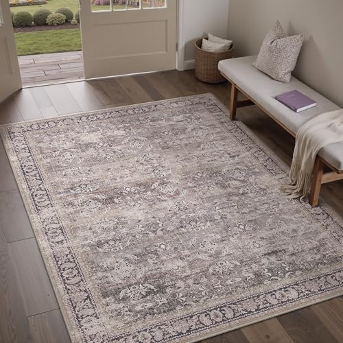 PureCozy Vintage Area Rug 4x6 Washable Entryway Indoor Purple Bedroom Living Room Throw Non Slip Kitchen Carpet Retro Distressed Rug Soft Traditional Accent Rug Low Pile for Dining Room Bathroom