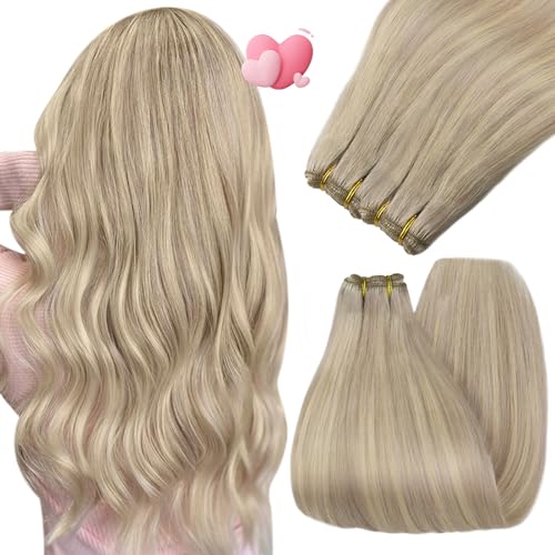 YoungSee 14inch Blonde Weft Hair Extensions Ash Blonde Highlight with Bleach Blonde Hair Extensions Weft Hair Bundles Highlight Sew in Extensions Hand Tied Hair Extensions Remy Straight Hair 100grams